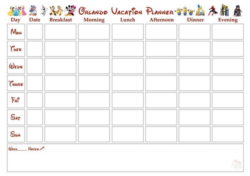 Walt Disney World + Orlando Vacation Planner - Free Printable - Week-To-View Calendar
